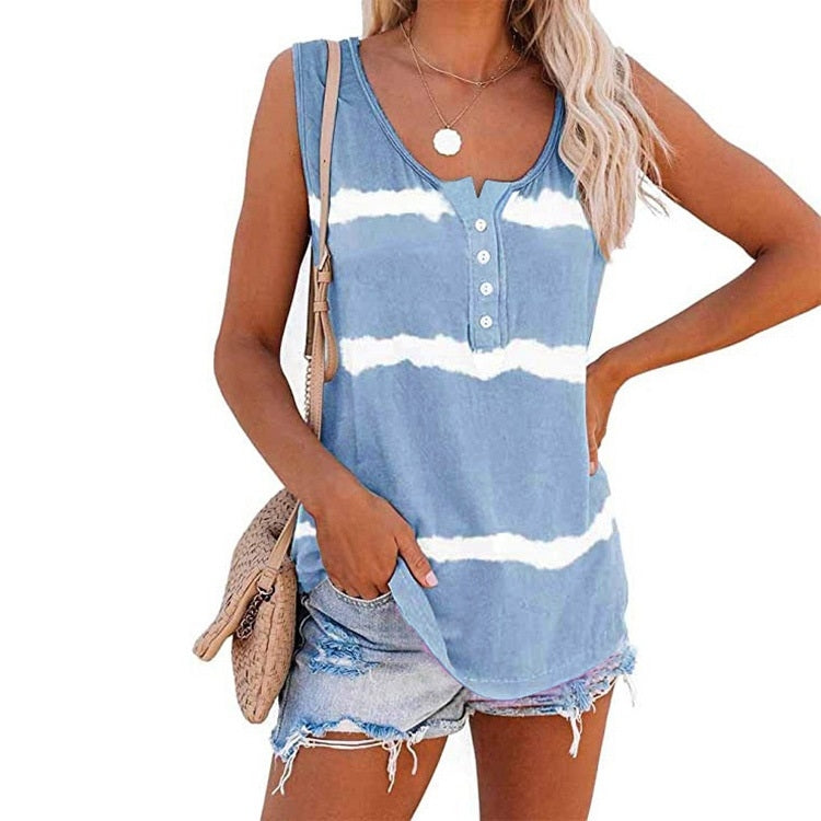 Loose Tie-dye Striped Printed Vest T-shirt for Ladies (Color:Green Size:S)
