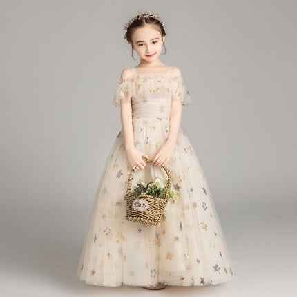 Long Five-pointed Star Pattern Lace Princess Dress Pettiskirt Performance Formal Dress for Girls