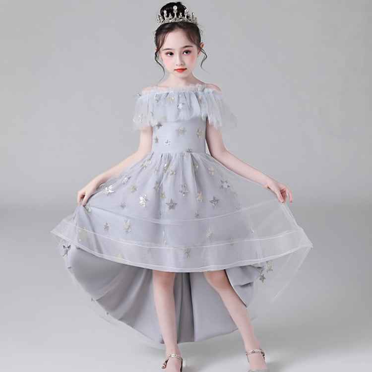 Five-pointed Star Pattern Short Front and Long Back Lace Princess Dress Pettiskirt Performance Formal Dress for Girls