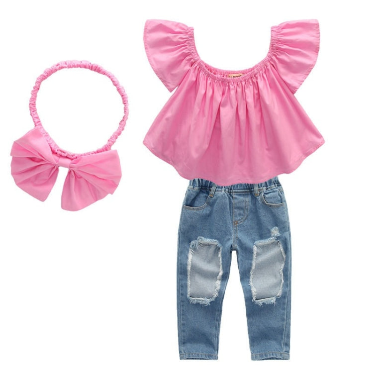 Girls Three-piece Pink Blouse Ripped Jeans Suit (Color:As Show Size:110cm), 80cm, 90cm, 100cm, 110cm, 120cm, 130cm