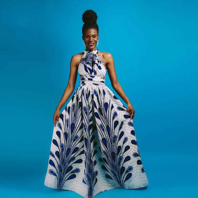 Ladies Feather Print Lace Slit Dress