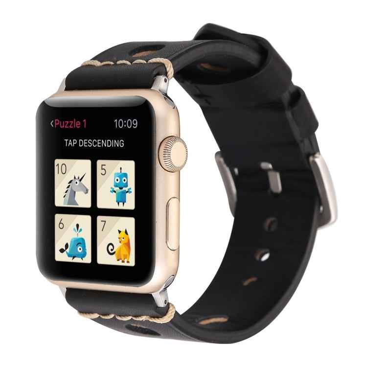 For Apple Watch Series 10 42mm / 9&8&7 41mm / SE 3&SE 2&6&SE&5&4 40mm / 3&2&1 38mm Retro Hole Genuine Leather Wrist Watch Band
