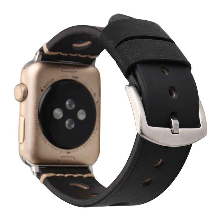 For Apple Watch Series 10 42mm / 9&8&7 41mm / SE 3&SE 2&6&SE&5&4 40mm / 3&2&1 38mm Retro Hole Genuine Leather Wrist Watch Band