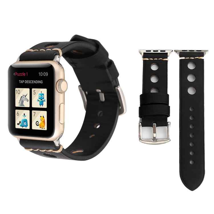 For Apple Watch Series 7 45mm / 6 & SE & 5 & 4 44mm / 42mm 3 & 2 & 1 Retro Hole Genuine Leather Wrist Watch Band
