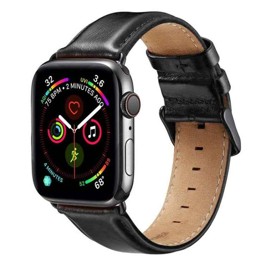 Black Buckle Leather Watch Band For Apple Watch Series 10 42mm / 9&8&7 41mm / SE 3&SE 2&6&SE&5&4 40mm / 3&2&1 38mm