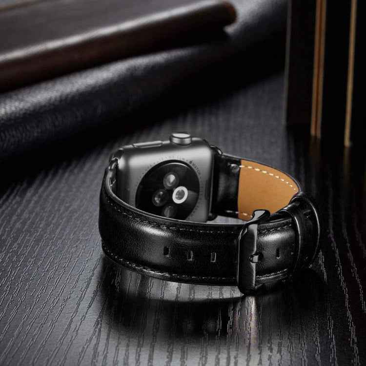 Black Buckle Leather Watch Band For Apple Watch Series 10 42mm / 9&8&7 41mm / SE 3&SE 2&6&SE&5&4 40mm / 3&2&1 38mm