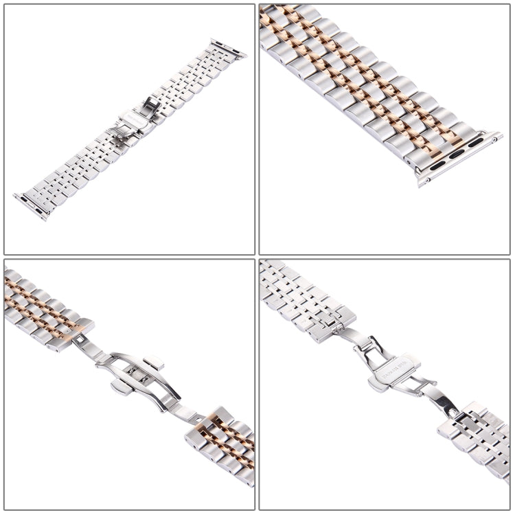 Hidden Butterfly Buckle 7 Beads Stainless Steel Watch Band For Apple Watch 42mm(Silver Gold)