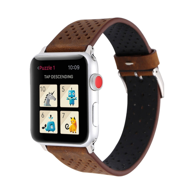 For Apple Watch Series 10 42mm / 9&8&7 41mm / SE 3&SE 2&6&SE&5&4 40mm / 3&2&1 38mm Simple Fashion Genuine Leather Hole Pattern Watch Band, 38mm