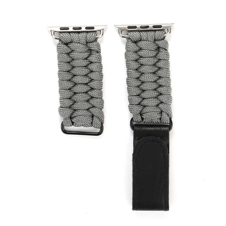 Magic Paste Genuine Leather Umbrella Rope Nylon Wrist Watch Band with Stainless Steel Buckle for Apple Watch Ultra 49mm&Watch Ultra 2 49mm / Series 10 46mm / 9&8&7 45mm / SE 3&SE 2&6&SE&5&4 44mm / 3&2&1 42mm