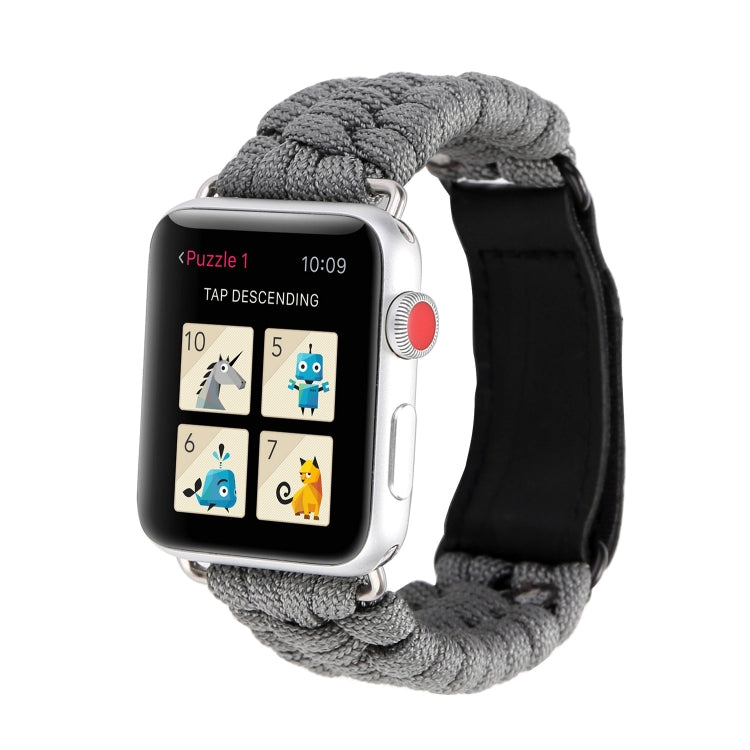 Magic Paste Genuine Leather Umbrella Rope Nylon Wrist Watch Band with Stainless Steel Buckle for Apple Watch Ultra 49mm&Watch Ultra 2 49mm / Series 10 46mm / 9&8&7 45mm / SE 3&SE 2&6&SE&5&4 44mm / 3&2&1 42mm