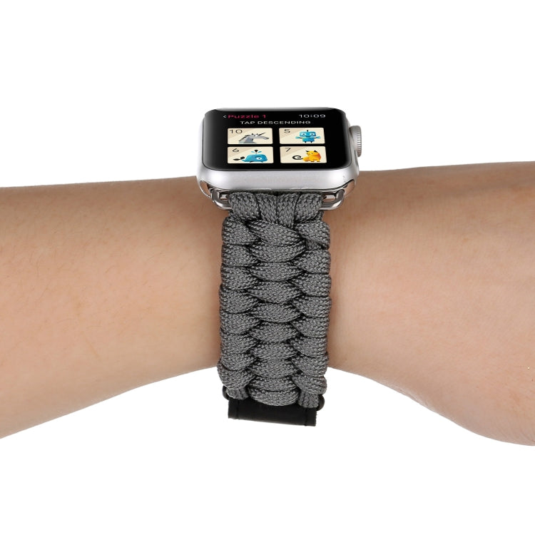 Magic Paste Genuine Leather Umbrella Rope Nylon Wrist Watch Band with Stainless Steel Buckle for Apple Watch Ultra 49mm&Watch Ultra 2 49mm / Series 10 46mm / 9&8&7 45mm / SE 3&SE 2&6&SE&5&4 44mm / 3&2&1 42mm
