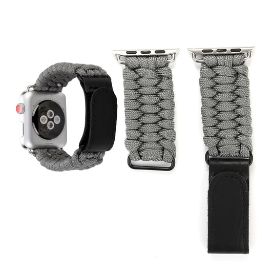 Magic Paste Genuine Leather Umbrella Rope Nylon Wrist Watch Band with Stainless Steel Buckle for Apple Watch Ultra 49mm&Watch Ultra 2 49mm / Series 10 46mm / 9&8&7 45mm / SE 3&SE 2&6&SE&5&4 44mm / 3&2&1 42mm
