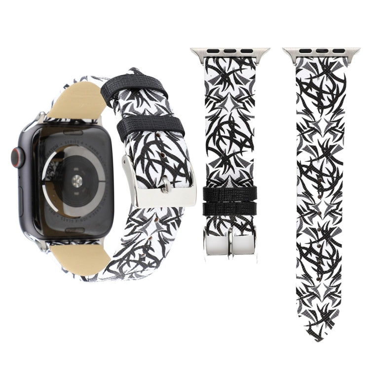 Thorns Printing Genuine Leather Watch Band for Apple Watch Series 10 42mm / 9&8&7 41mm / SE 3&SE 2&6&SE&5&4 40mm / 3&2&1 38mm