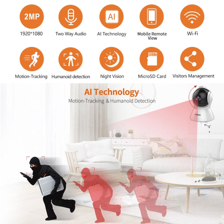 SriHome SH025 2.0 Million Pixels 1080P HD AI Auto-tracking IP Camera, Support Two Way Audio / Motion Tracking / Humanoid Detection / Night Vision / TF Card, AU Plug, SH025