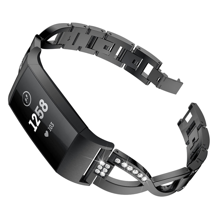 X-shaped Diamond-studded Metal Steel Watch Band for Fitbit Charge 3
