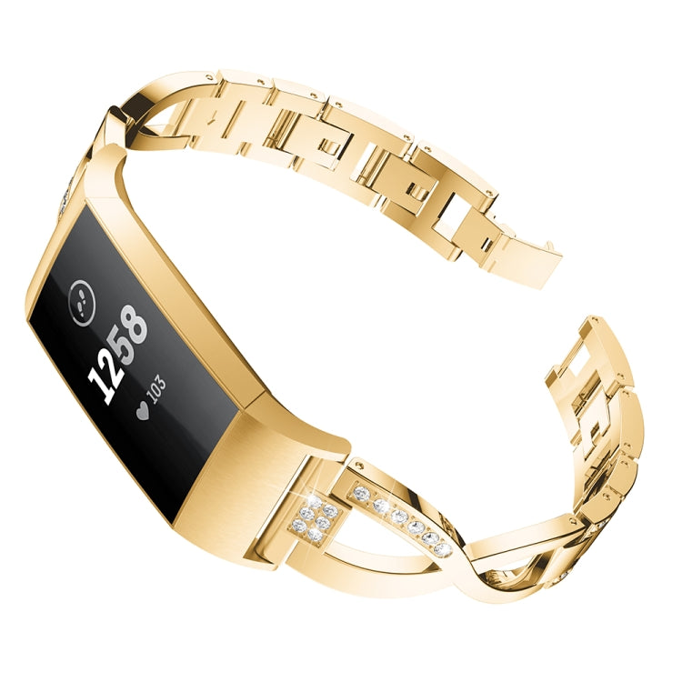 X-shaped Diamond-studded Metal Steel Watch Band for Fitbit Charge 3