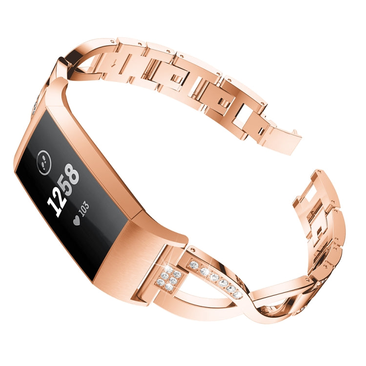 X-shaped Diamond-studded Metal Steel Watch Band for Fitbit Charge 3