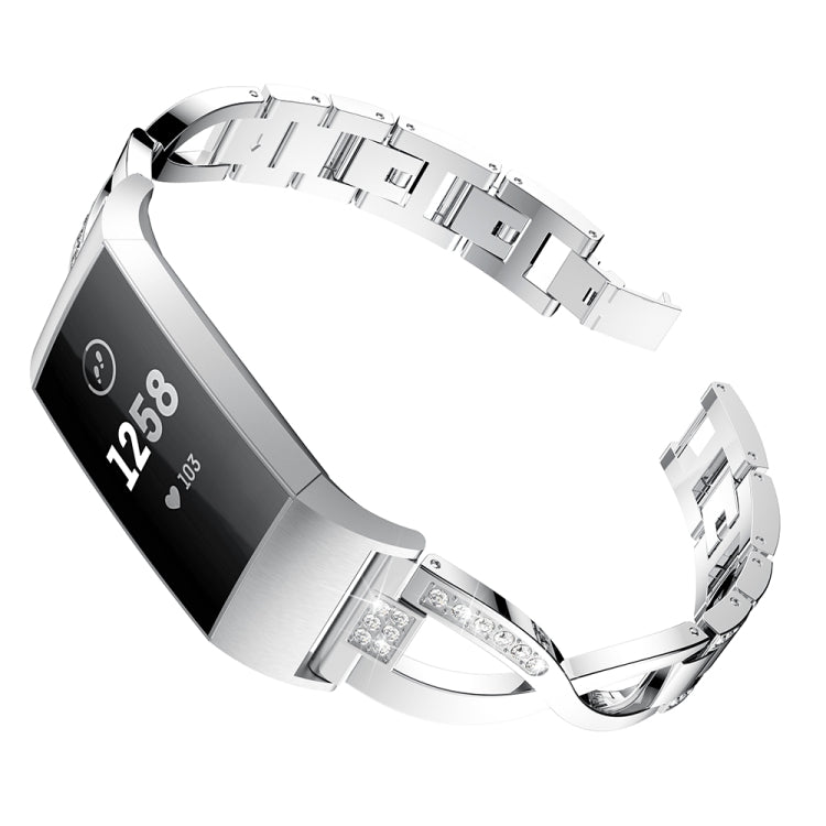 X-shaped Diamond-studded Metal Steel Watch Band for Fitbit Charge 3