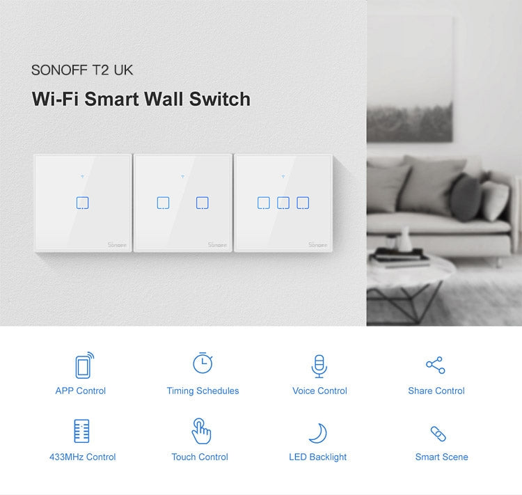 Sonoff T2 Touch 86mm Tempered Glass Panel Wall Switch Smart Home Light Touch Switch, Compatible with Alexa and Google Home, AC 100V-240V, UK Plug, 86mm/ 1 UK Plug