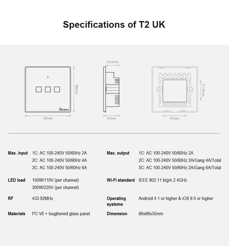 Sonoff T2 Touch 86mm Tempered Glass Panel Wall Switch Smart Home Light Touch Switch, Compatible with Alexa and Google Home, AC 100V-240V, UK Plug, 86mm/ 1 UK Plug