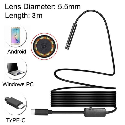 AN97 USB-C / Type-C Endoscope Waterproof IP67 Tube Inspection Camera with 8 LED & USB Adapter, Length: 3m, Lens Diameter: 5.5mm