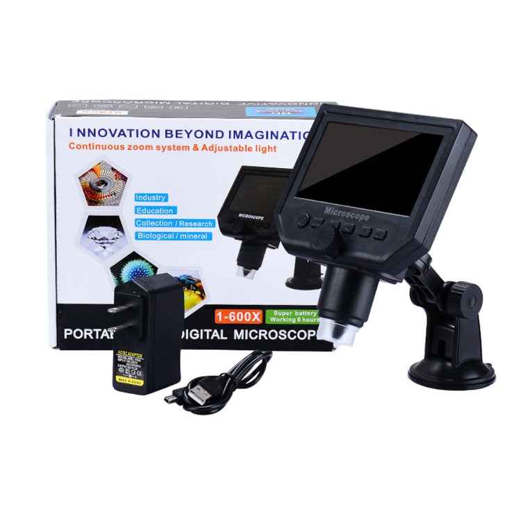 G600 600X 3.6MP 4.3 inch HD LCD Display USB Charging Portable Digital Microscope with LED Light, Support Micro SD Card(64GB Max), US Plug, AC 100-240V