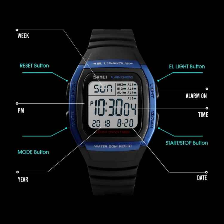 SKMEI 1278 Fashionable Outdoor 50m Waterproof Digital Watch Student Sports Wrist Watch Support 5 Group Alarm Clocks