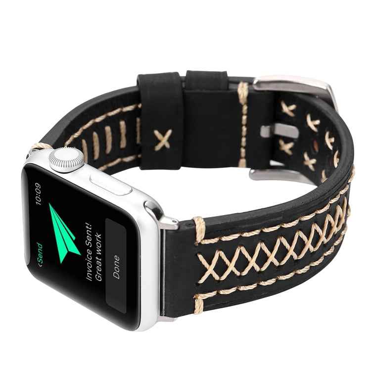 For Apple Watch Series 10 42mm / 9&8&7 41mm / SE 3&SE 2&6&SE&5&4 40mm / 3&2&1 38mm Manual Line Pattern Genuine Leather Wrist Watch Band