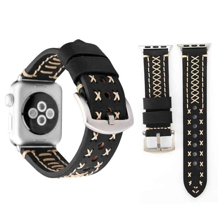 For Apple Watch Ultra 49mm&Watch Ultra 2 49mm / Series 10 46mm / 9&8&7 45mm / SE 3&SE 2&6&SE&5&4 44mm / 3&2&1 42mm Manual Line Pattern Genuine Leather Wrist Watch Band
