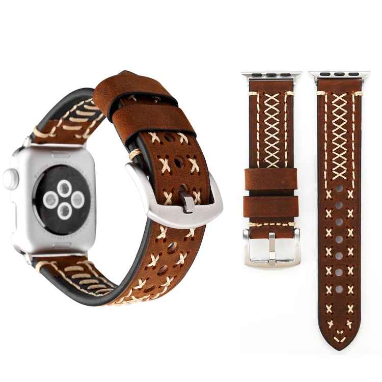 For Apple Watch Ultra 49mm&Watch Ultra 2 49mm / Series 10 46mm / 9&8&7 45mm / SE 3&SE 2&6&SE&5&4 44mm / 3&2&1 42mm Manual Line Pattern Genuine Leather Wrist Watch Band