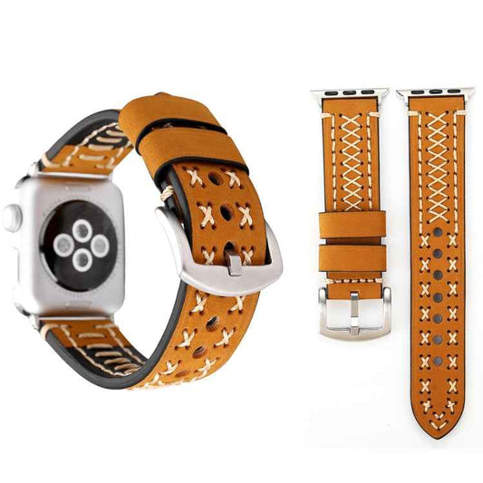 For Apple Watch Ultra 49mm&Watch Ultra 2 49mm / Series 10 46mm / 9&8&7 45mm / SE 3&SE 2&6&SE&5&4 44mm / 3&2&1 42mm Manual Line Pattern Genuine Leather Wrist Watch Band