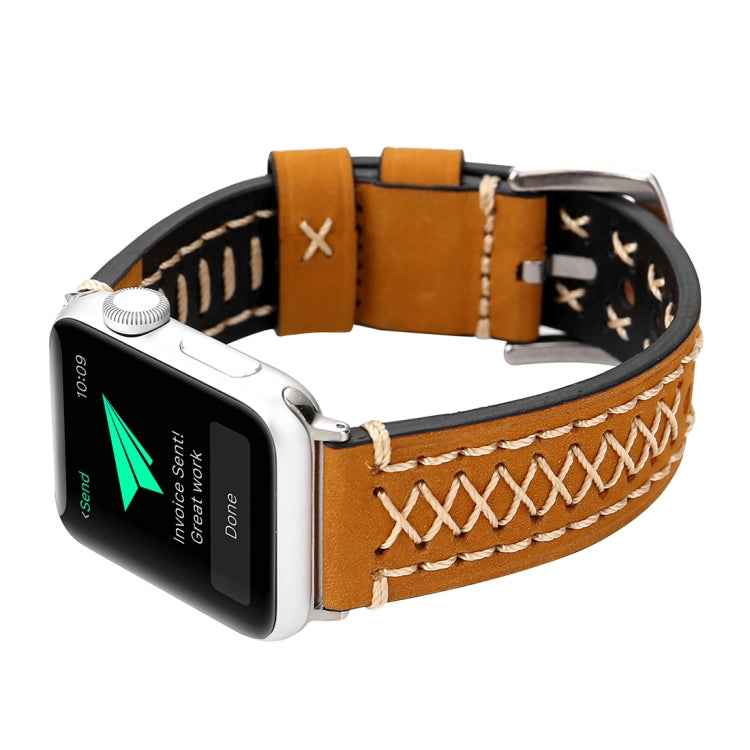 For Apple Watch Ultra 49mm&Watch Ultra 2 49mm / Series 10 46mm / 9&8&7 45mm / SE 3&SE 2&6&SE&5&4 44mm / 3&2&1 42mm Manual Line Pattern Genuine Leather Wrist Watch Band
