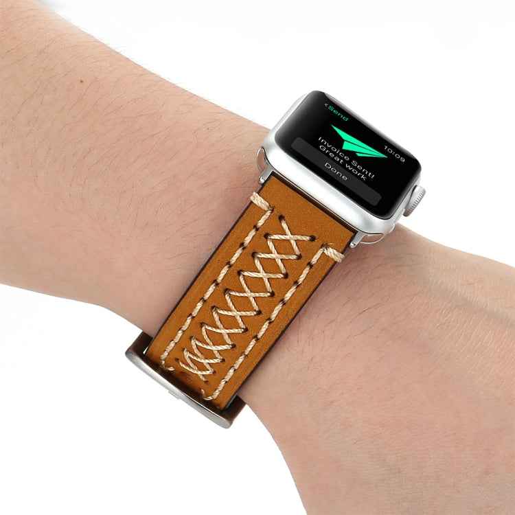 For Apple Watch Ultra 49mm&Watch Ultra 2 49mm / Series 10 46mm / 9&8&7 45mm / SE 3&SE 2&6&SE&5&4 44mm / 3&2&1 42mm Manual Line Pattern Genuine Leather Wrist Watch Band