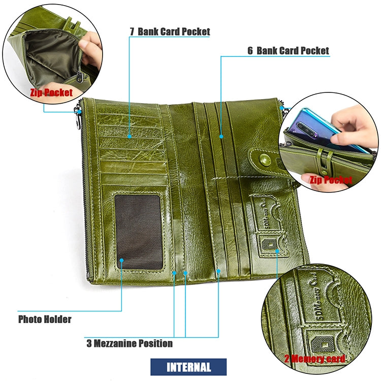 3520 Long Cowhide Leather Folding Anti-magnetic RFID Wallet for Ladies, with Card Slots, 3520 Black, 3520 Coffee, 3520 Green, 3520 Blue, 3520 Red, 3520 Yellowish-brown