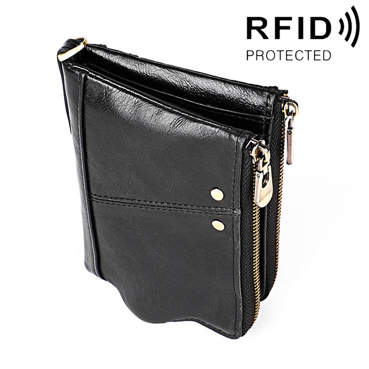 Cartera de mano plegable 3533 de piel de vacuno con textura Crazy Horse, antimagnética, RFID, para hombre, con ranuras para tarjetas, en rojo, marrón amarillento, negro, café y azul.