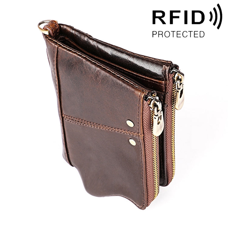 Cartera de mano plegable 3533 de piel de vacuno con textura Crazy Horse, antimagnética, RFID, para hombre, con ranuras para tarjetas, en rojo, marrón amarillento, negro, café y azul.
