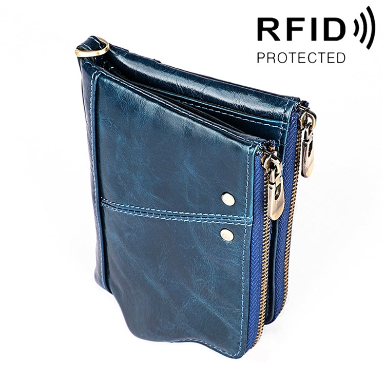 Cartera de mano plegable 3533 de piel de vacuno con textura Crazy Horse, antimagnética, RFID, para hombre, con ranuras para tarjetas, en rojo, marrón amarillento, negro, café y azul.