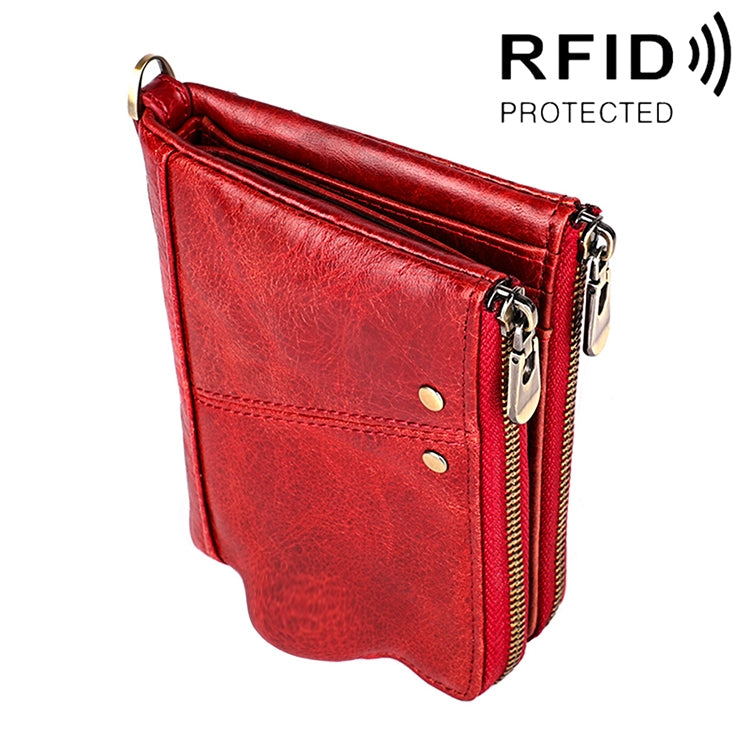 Cartera de mano plegable 3533 de piel de vacuno con textura Crazy Horse, antimagnética, RFID, para hombre, con ranuras para tarjetas, en rojo, marrón amarillento, negro, café y azul.