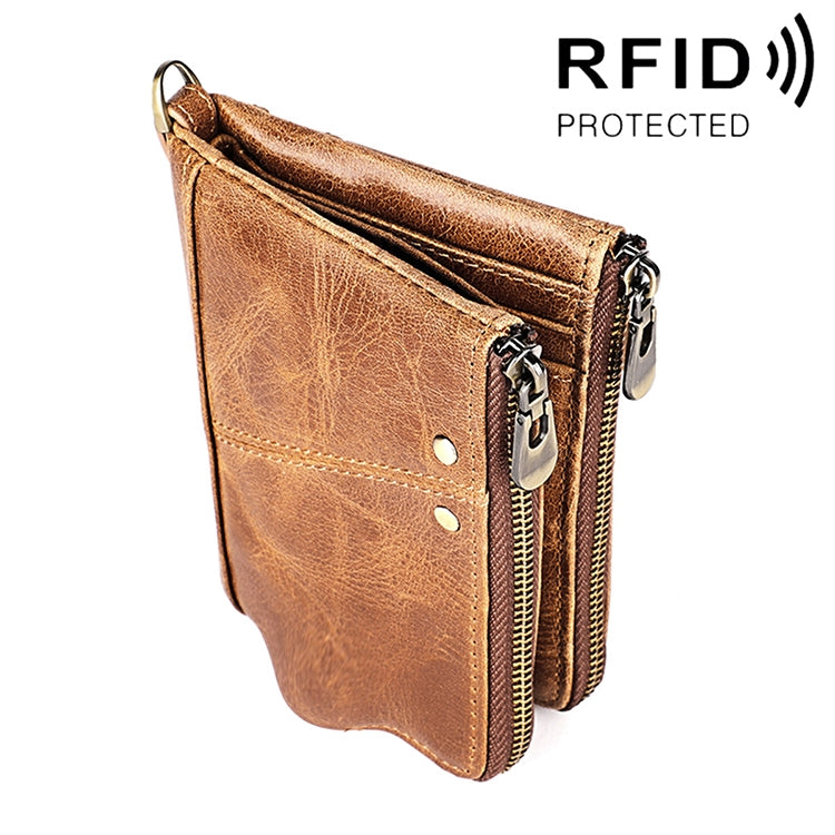 Cartera de mano plegable 3533 de piel de vacuno con textura Crazy Horse, antimagnética, RFID, para hombre, con ranuras para tarjetas, en rojo, marrón amarillento, negro, café y azul.