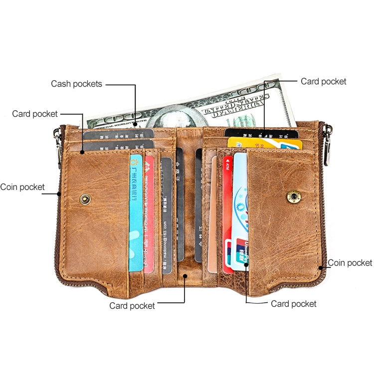 LT3533 Long Crazy Horse Texture Cowhide Leather Folding Anti-magnetic RFID Wallet Clutch Bag for Men, with Card Slots & Shoulder Strap, LT3533 Red, LT3533 Yellowish-brown, LT3533 Black, LT3533 Coffee, LT3533 Blue