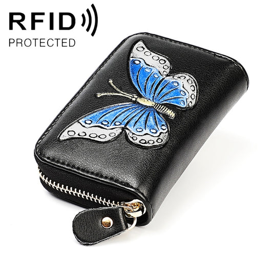 KB152 Butterfly Pattern Zipper Cowhide Leather Organ Shape Multiple Card Slots Anti-magnetic RFID Wallet for Ladies, KB152 Silver, KB152 Colour, KB152 Blue, KB152 Purple