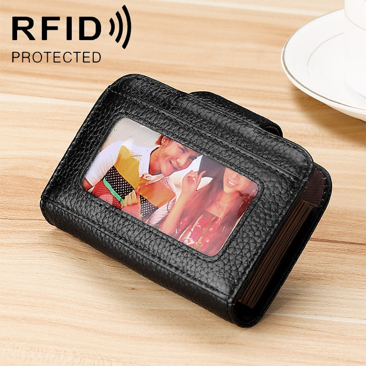 KB188 Horizontal Cowhide Leather Organ Shape Multiple Card Slots Anti-magnetic RFID Wallet for Ladies, with Transparent Window, KB188 Coffee, KB188 Purple, KB188 Rose Red, KB188 Sapphire Blue, KB188 Black
