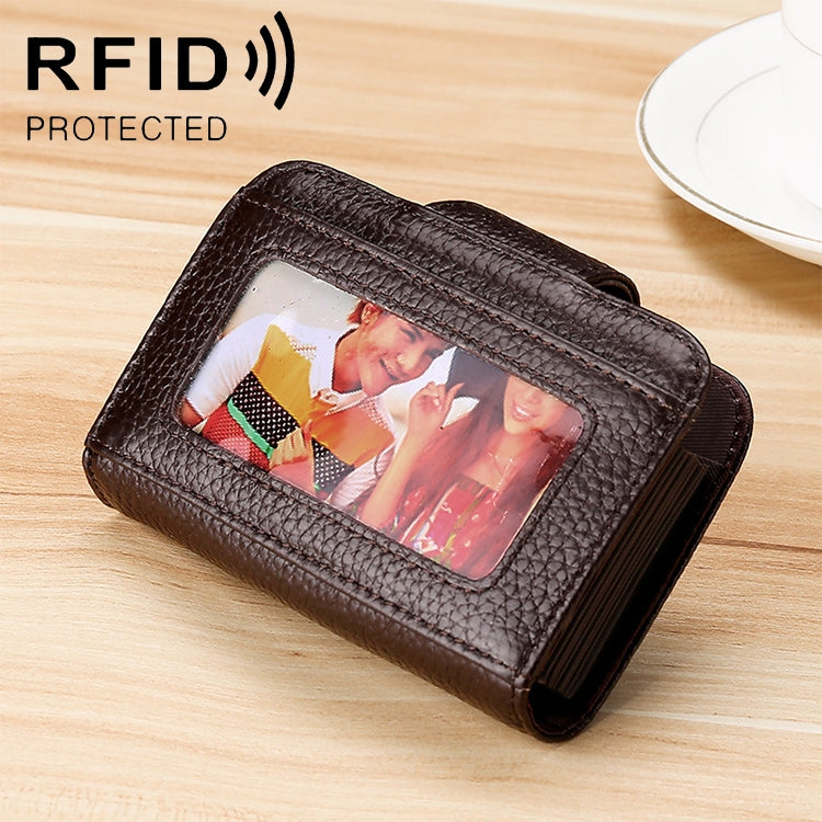KB188 Horizontal Cowhide Leather Organ Shape Multiple Card Slots Anti-magnetic RFID Wallet for Ladies, with Transparent Window, KB188 Coffee, KB188 Purple, KB188 Rose Red, KB188 Sapphire Blue, KB188 Black