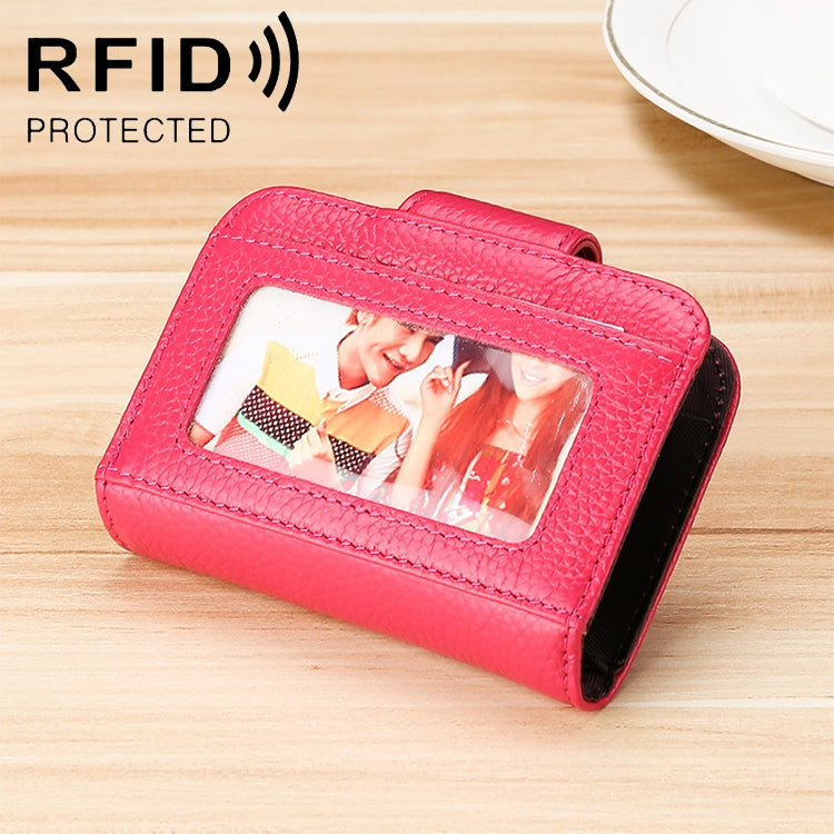 KB188 Horizontal Cowhide Leather Organ Shape Multiple Card Slots Anti-magnetic RFID Wallet for Ladies, with Transparent Window, KB188 Coffee, KB188 Purple, KB188 Rose Red, KB188 Sapphire Blue, KB188 Black