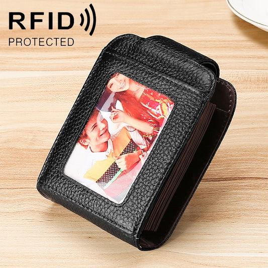 KB189 Vertical Cowhide Leather Organ Shape Multiple Card Slots Anti-magnetic RFID Wallet for Ladies, with Transparent Window, KB189 Black, KB189 Coffee, KB189 Purple, KB189 Rose Red, KB189 Sapphire Blue