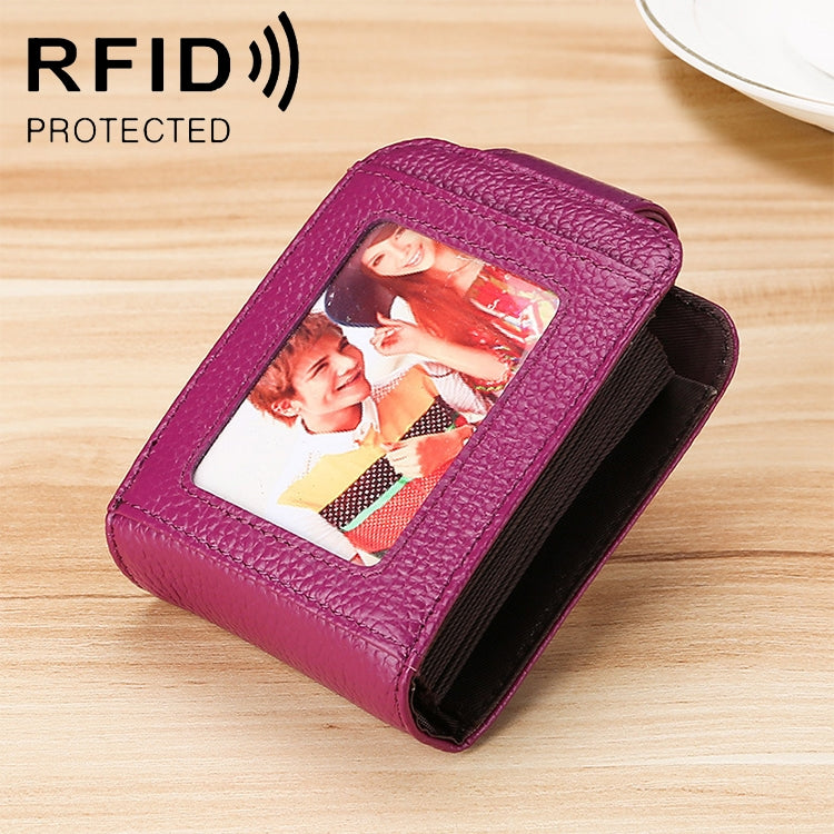 KB189 Vertical Cowhide Leather Organ Shape Multiple Card Slots Anti-magnetic RFID Wallet for Ladies, with Transparent Window, KB189 Black, KB189 Coffee, KB189 Purple, KB189 Rose Red, KB189 Sapphire Blue