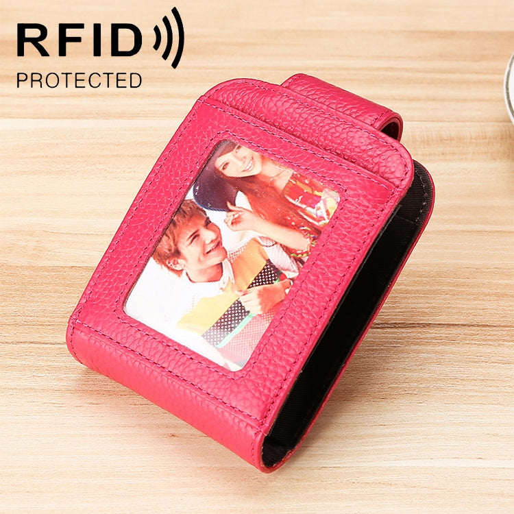 KB189 Vertical Cowhide Leather Organ Shape Multiple Card Slots Anti-magnetic RFID Wallet for Ladies, with Transparent Window, KB189 Black, KB189 Coffee, KB189 Purple, KB189 Rose Red, KB189 Sapphire Blue