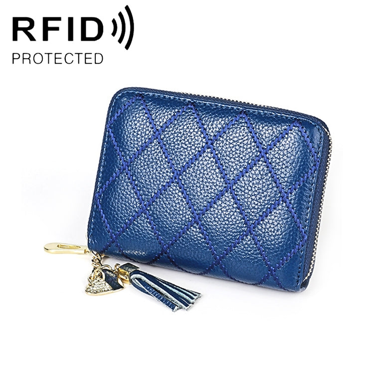 KB213 Diamond Texture Zipper Cowhide Leather Double Row Organ Shape Multiple Card Slots Anti-magnetic RFID Wallet Clutch Bag for Ladies