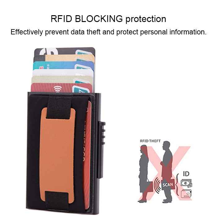 X-32C Automatically Pop-up Card Type Anti-magnetic RFID Anti-theft Men Aluminum Alloy A Dial Button Elastic Bag Wallet with PU Leather Strap