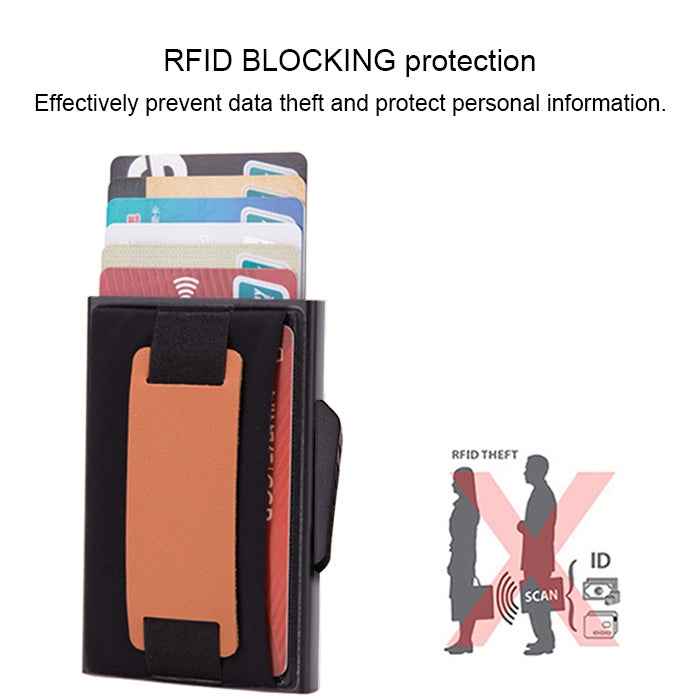 X-32C Automatically Pop-up Card Type Anti-magnetic RFID Anti-theft Men Aluminum Alloy B Dial Button Elastic Bag Wallet with PU Leather Strap